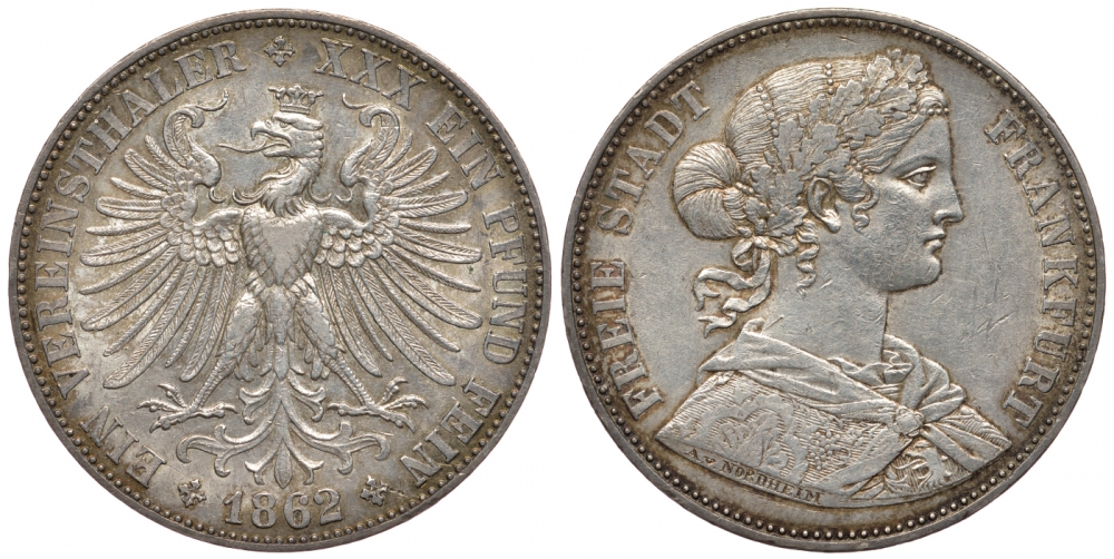 Франкфурт 1 талер 1862 KM 370, Jaeger 42b, AKS 10, Thun. 144, Kahnt 170 серебро 413-4543