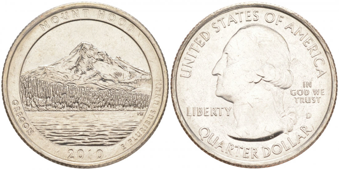 США 25 ЦЕНТОВ = КВОТЕР 2010 D, СЕРИЯ ШТАТЫ США - МАУНТ ХУД, MOUNT HOOD KM 473 медь плакированная медно-никелем UNC M31-2