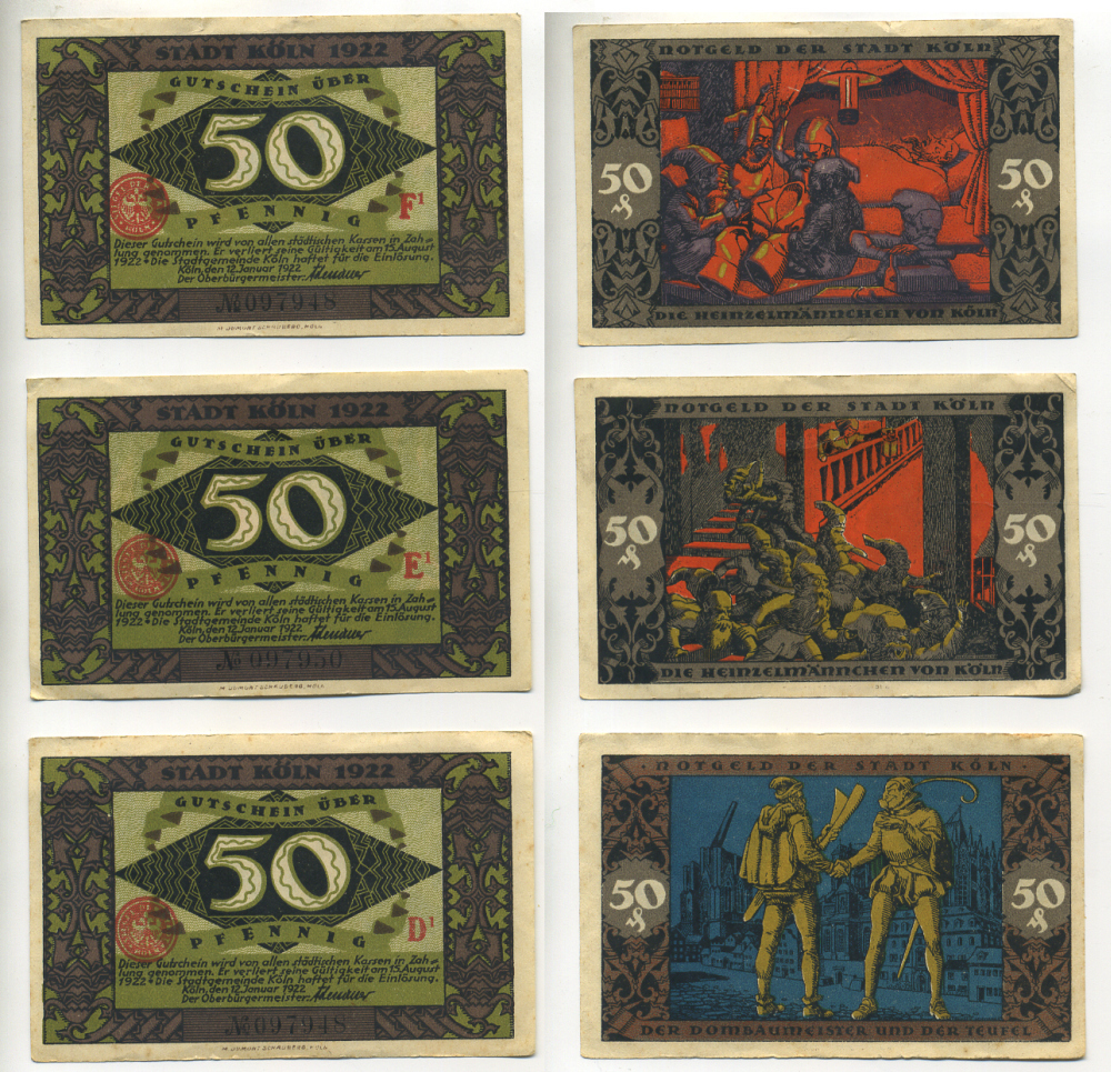 КЁЛЬН НАБОР ИЗ 3 БАНКНОТ ПО 50 ПФЕННИГОВ 1922 НОТГЕЛЬД, ГОРОД КЕЛН, СКАЗОЧНАЯ СЕРИЯ, ГНОМЫ, 50, 50, 50 ПФЕННИГОВ, 12 ЯНВАРЯ 1922-15 АВГУСТА 1922 Grabowski 717.2 бумага 70-7-4