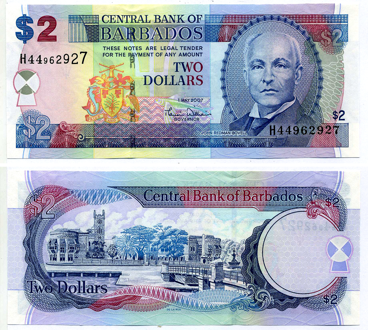 Барбадос 2 доллара 2009 1 мая 2007, Джон Редман Бовел, подпись DELISLE WORRELL Pick 66b бумага UNC (пресс) 2197-8-1-1