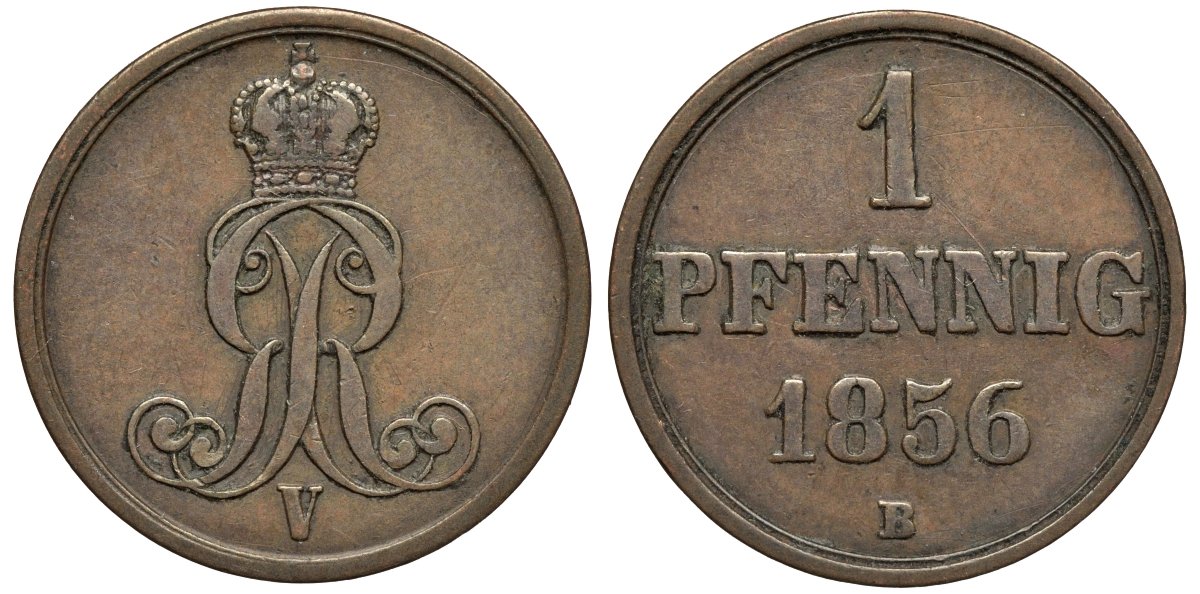 Ганновер 1 пфенниг 1856 B, Георг V KM 221, AKS 155, J. 83 медь 4594-212