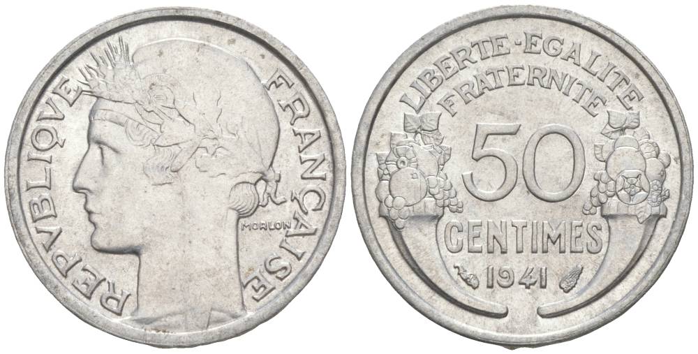 ФРАНЦИЯ 50 САНТИМОВ 1941 ТИП MORLON LOURDE KM 894.1a, LE FRANC 193.2 алюминий 44-243