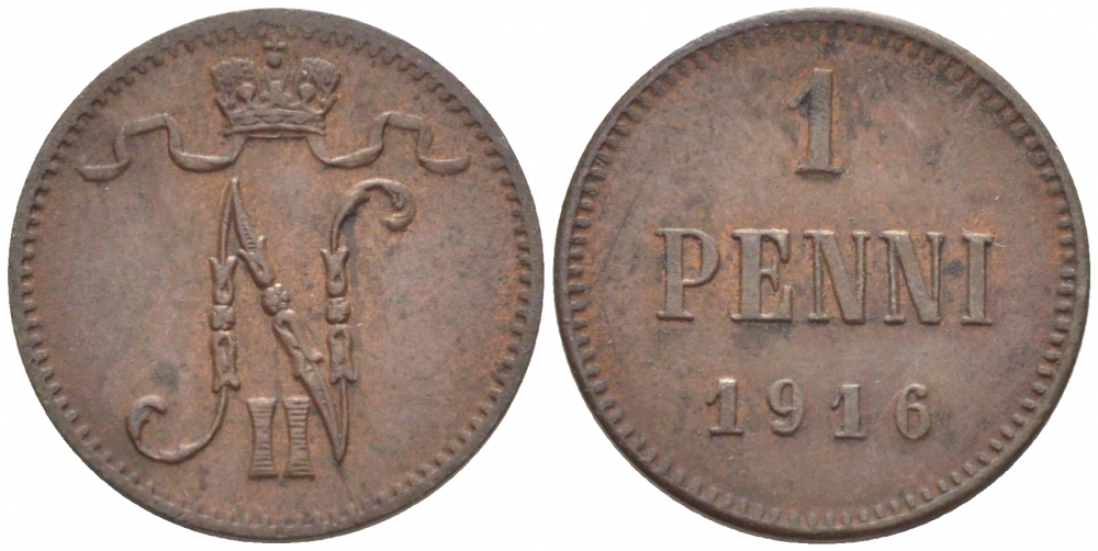 РОССИЯ ДЛЯ ФИНЛЯНДИИ 1 ПЕННИ 1916 НИКОЛАЙ II (1895-1917) KM 13, Биткин 476 медь 211-1068