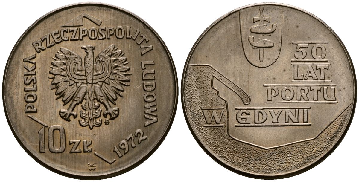 Польша 10 злотых 1972 MW, 50 лет морскому порту в Гдыне KM 65 медно-никель 4168-814
