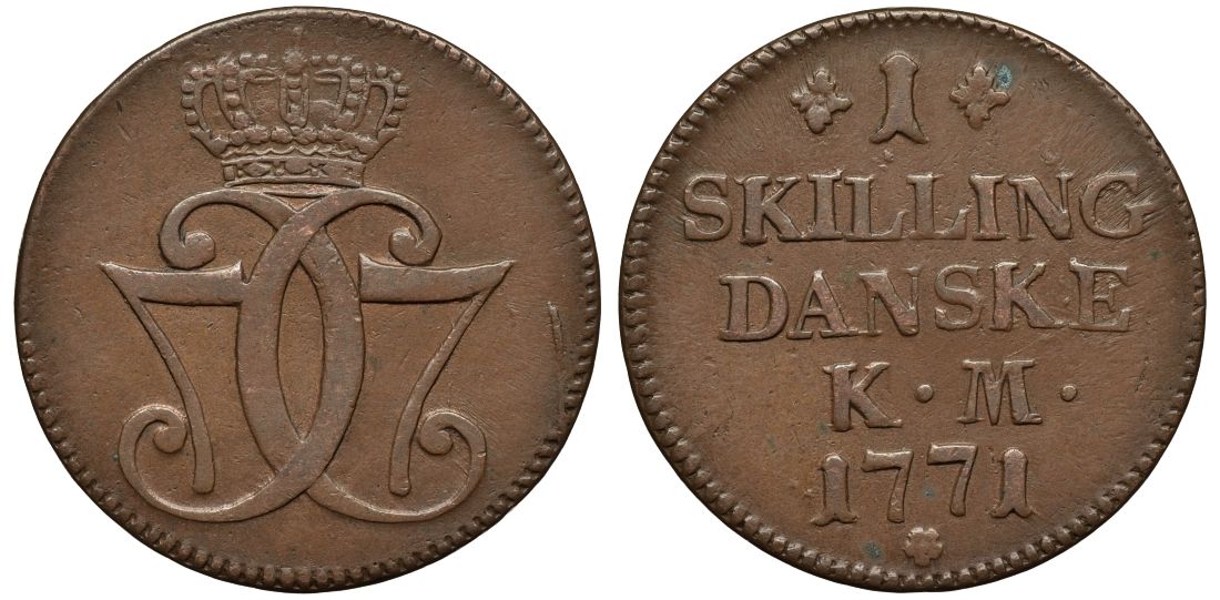 Дания 1 скиллинг 1771 Кристиан VII (1766-1808) KM 617 медь 443-1135