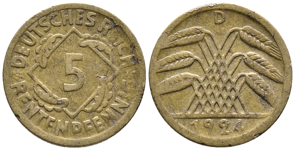 ГЕРМАНИЯ 5 РЕНТЕНПФЕННИГОВ 1924 D KM 32, J. 308 алюминиевая бронза 39-524