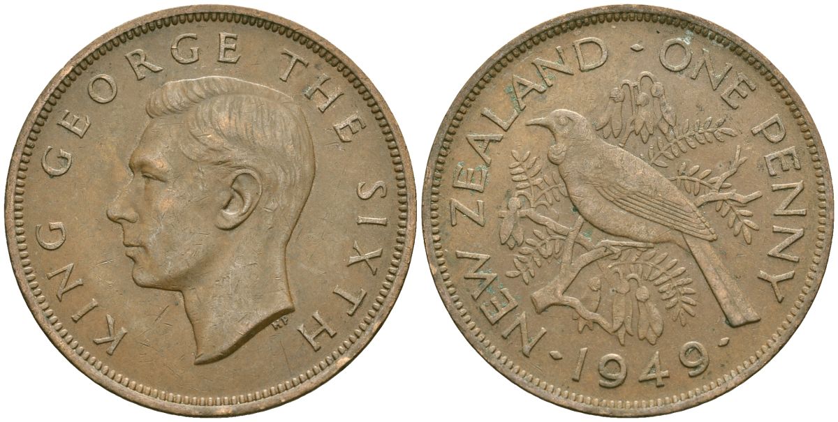 Новая Зеландия 1 пенни 1949 Георг VI (1936-1952), новозеландский туи KM 21 бронза 4364-4221