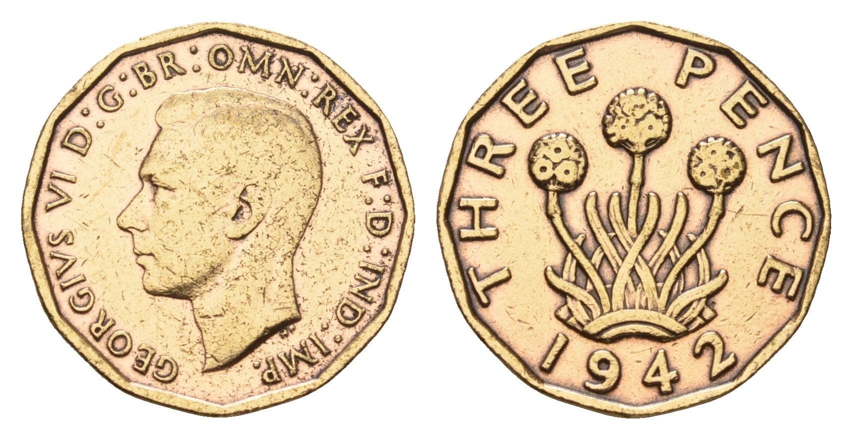 Великобритания 3 пенса 1942 Георг VI (1936-1952) KM 849, Spink 4112 никель латунь 4631-1132