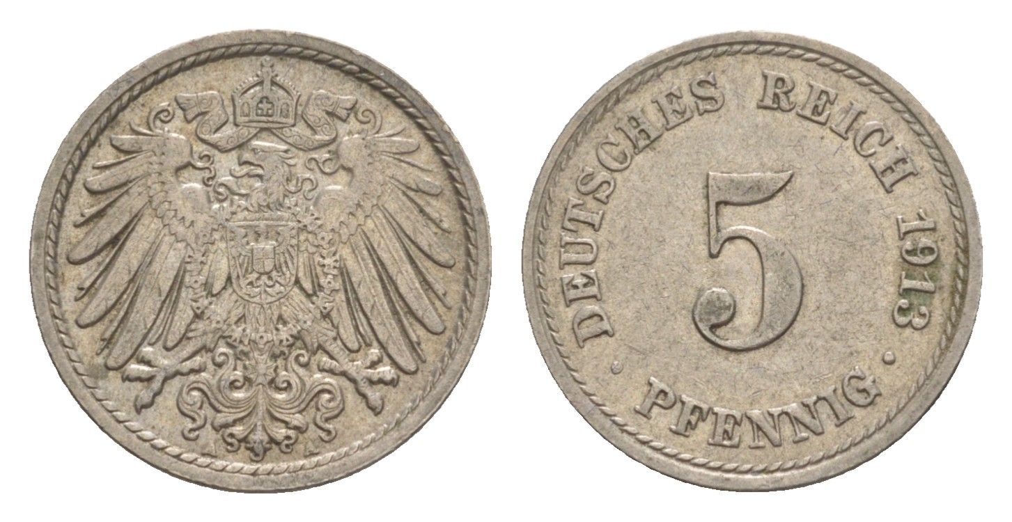 Германия 5 пфеннигов 1913 A, Вильгельм II (1888-1918) KM 11, J. 12 медно-никель 4640-145