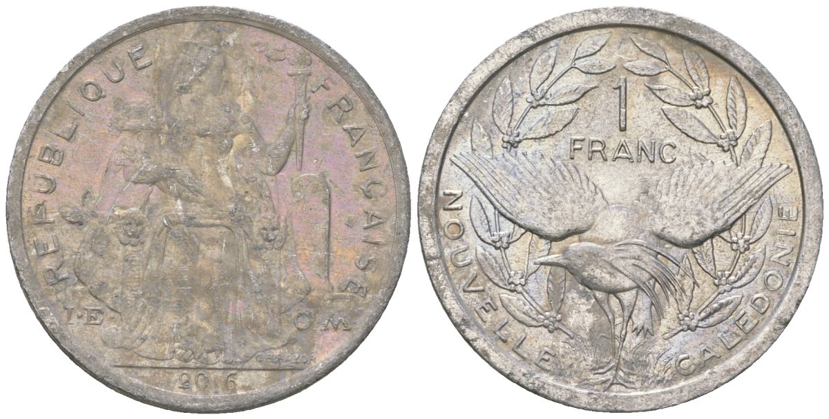 Французская Новая Каледония 1 франк 2016 птица кагу, (IEOM) KM 10, Schoen 10 алюминий 33-823