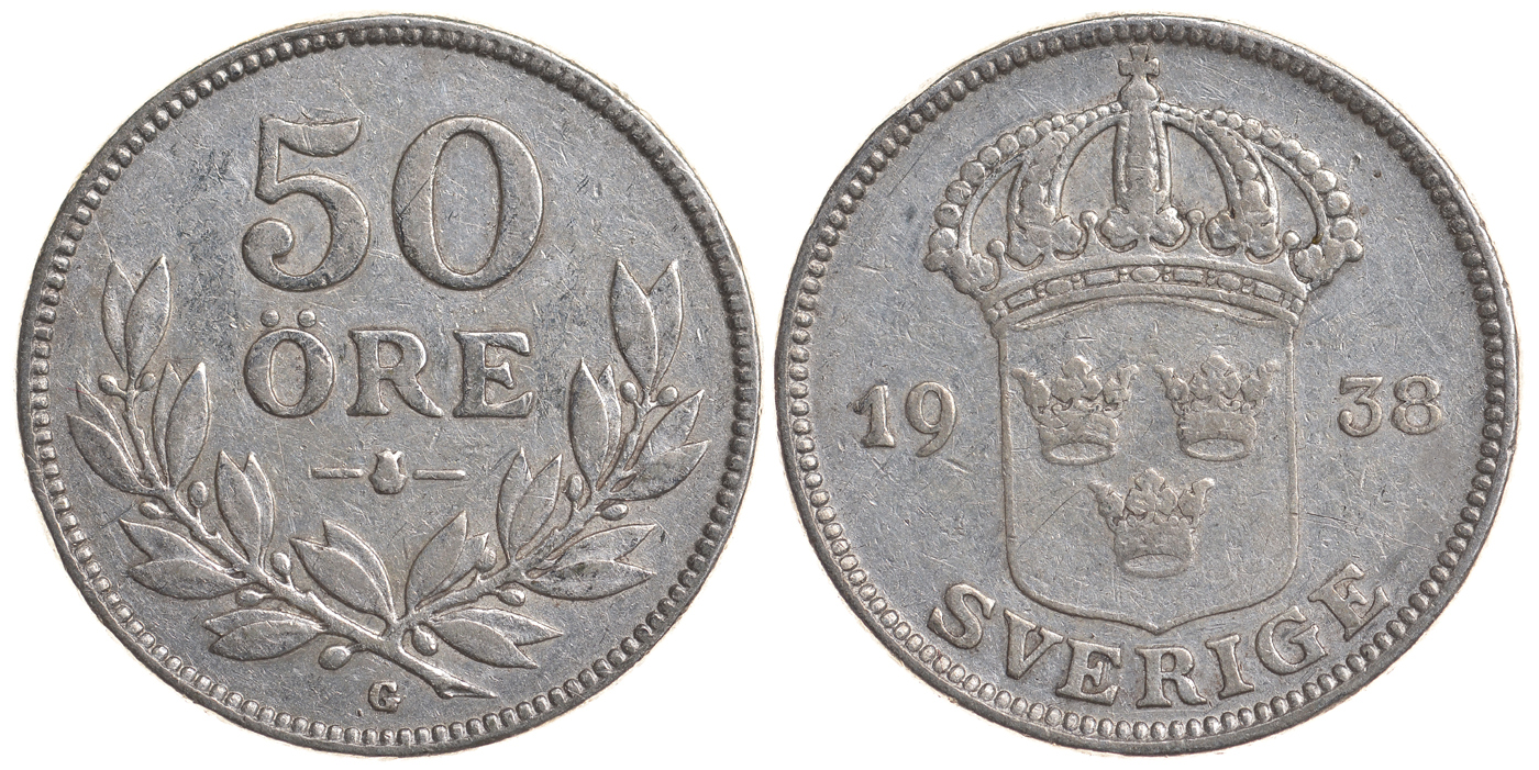 Швеция 50 эре 1938 G, Густав V (1907-1950) KM 788 серебро 4179-947