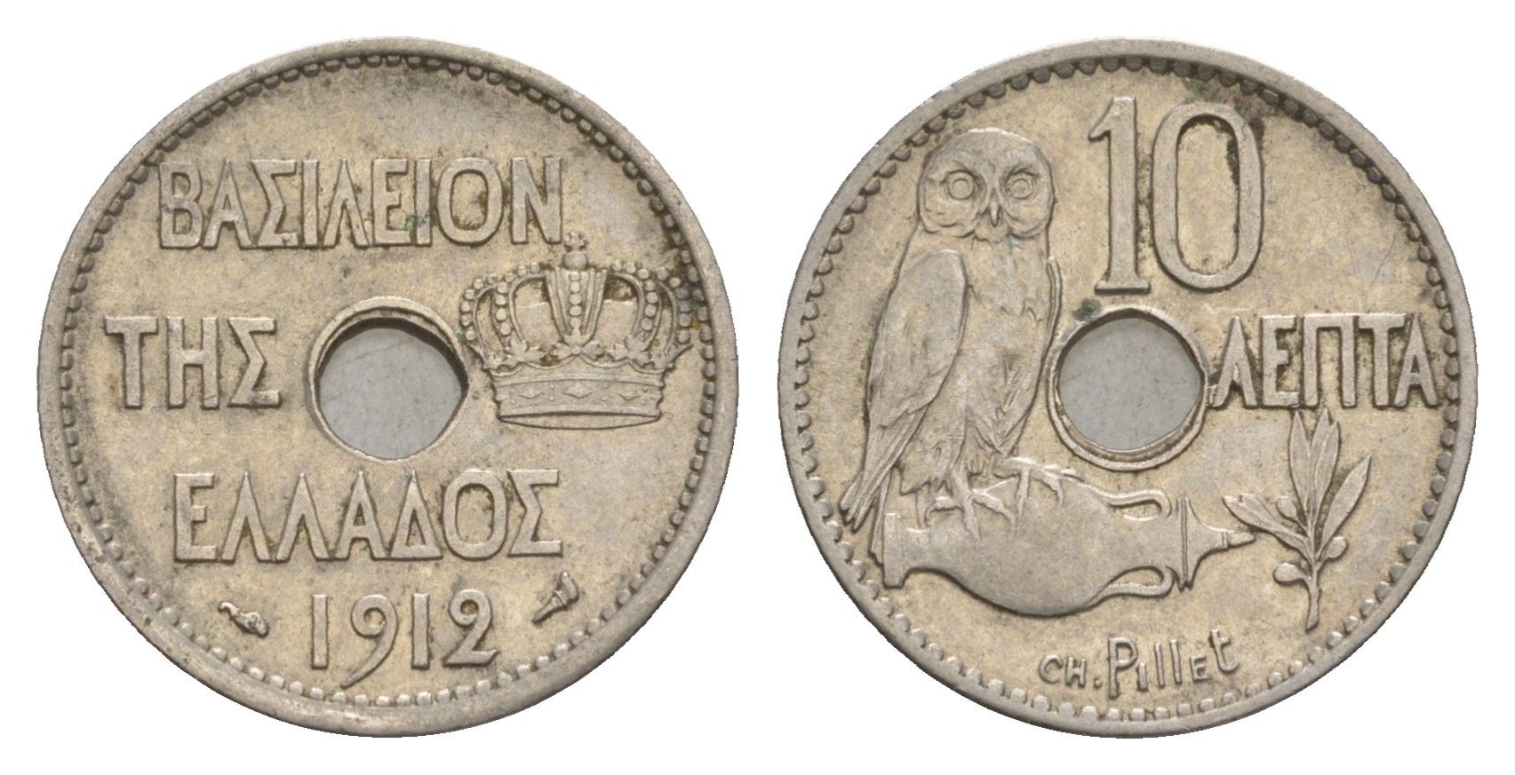 Греция 10 лепт 1912 Георг I (1863-1913), сова KM 63 никель 4655-349