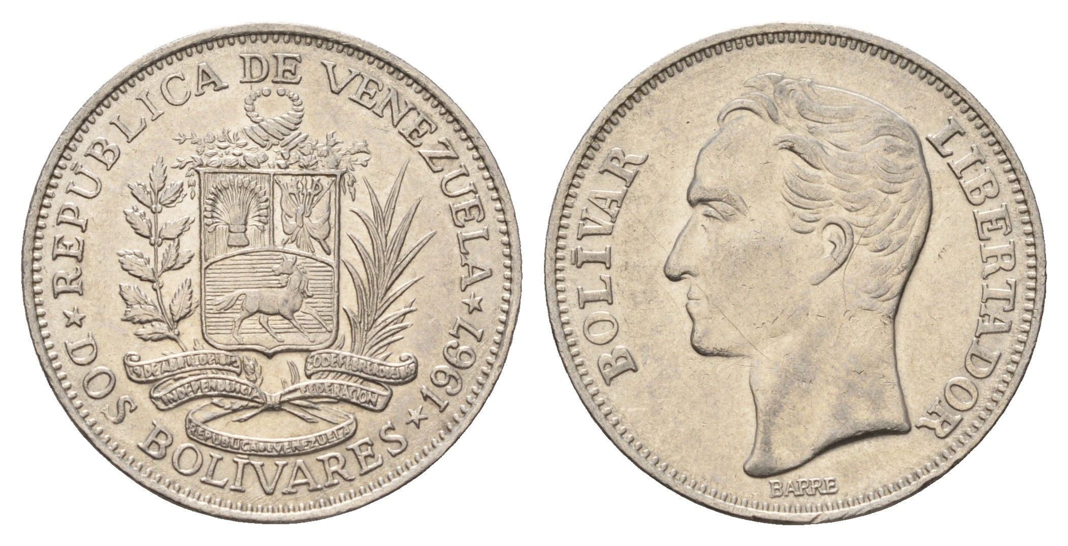 Венесуэла 2 боливара 1967 Симон Боливар Y 43 никель UNC 4670-1147