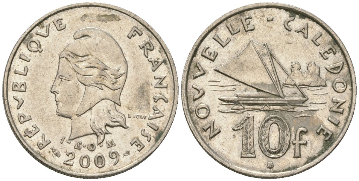 Французская Новая Каледония 10 франков 2009 рыбачья парусная лодка, (IEOM) KM 11a, Schoen 13a, Lec 99k медно-никель 60-1247