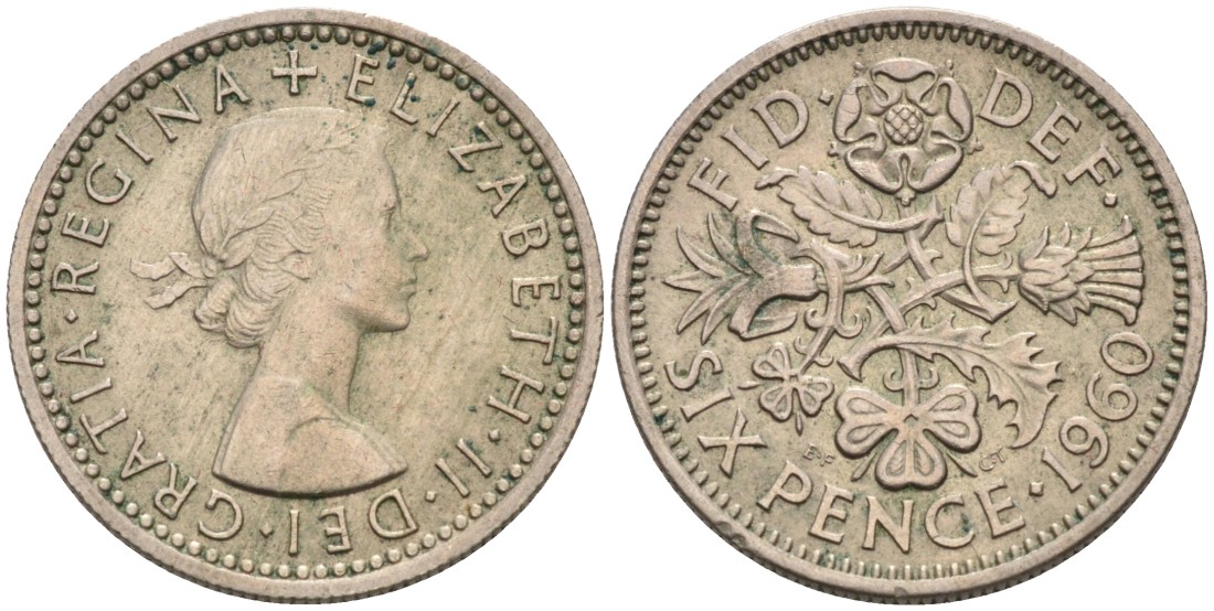 Великобритания 6 пенсов 1960 Елизавета II (1952-2022) KM 903, Spink 4149 медно-никель 4561-1046