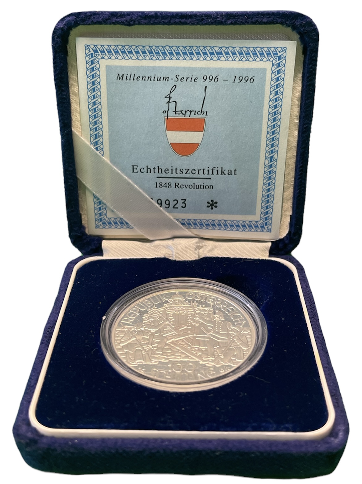 Австрия 100 шиллингов 1994 Эрцгерцог Иоганн, в коробке, с сертификатом подлинности KM 3020 серебро PROOF 3-4-4-07