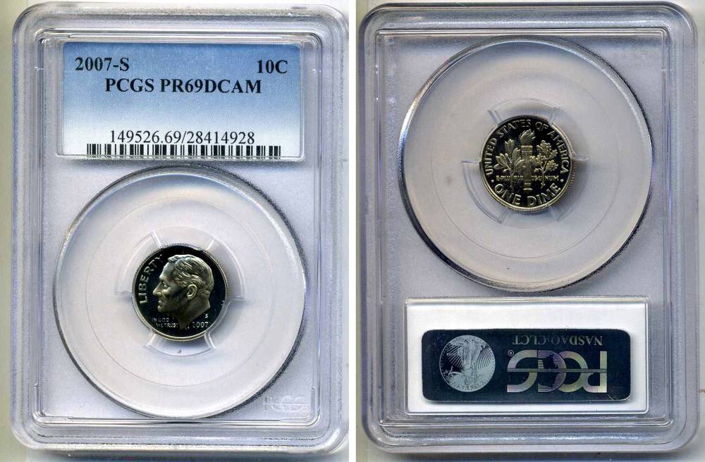 США 10 центов (дайм) 2007 S, президент Рузвельт, в слабе PCGS PR69CAM KM 195а медь плакированная медно-никелем PROOF 15-002-13