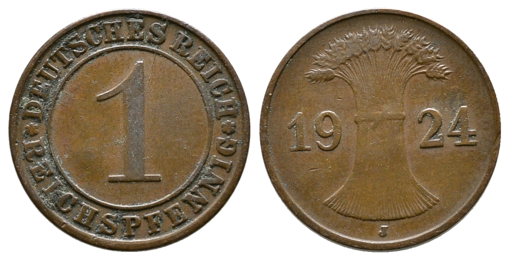 ГЕРМАНИЯ 1 РЕЙХСПФЕННИГ 1924 J KM 37, J.313 бронза 4380-1062
