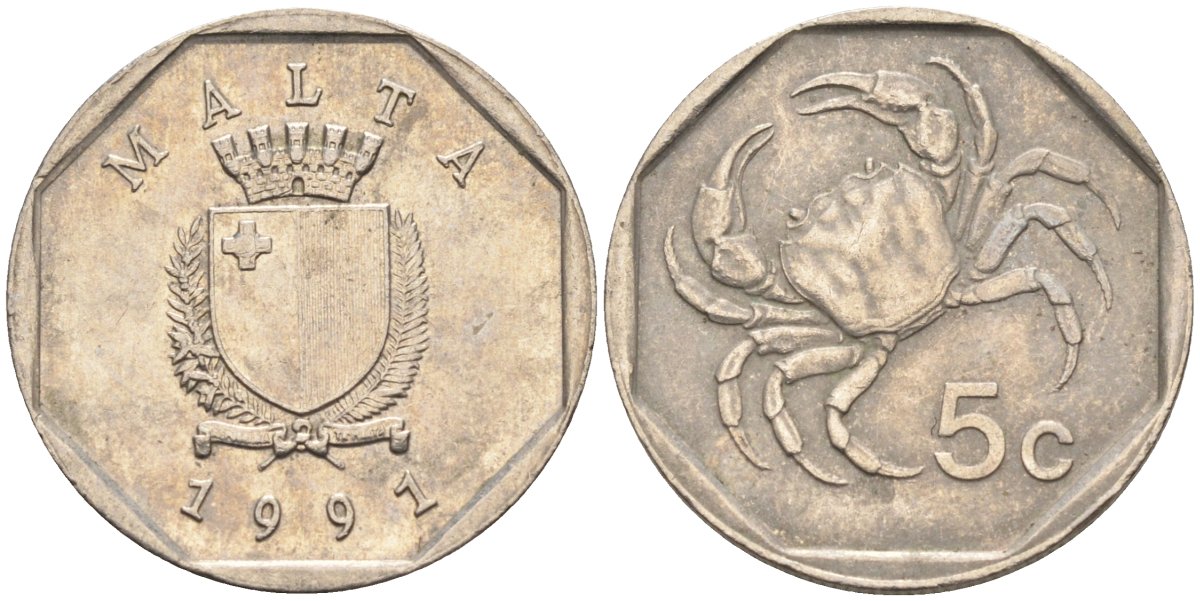 Мальта 5 центов 1991 краб KM 95 медно-никель 4387-1028