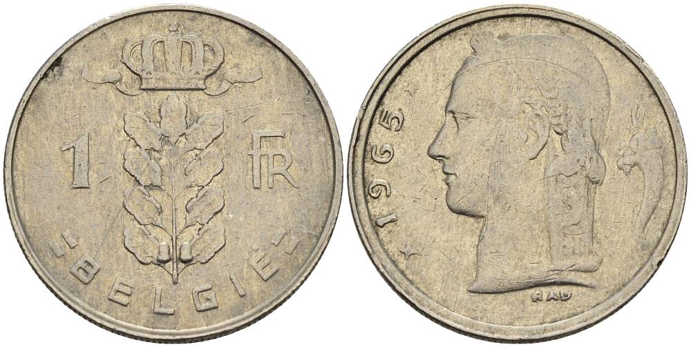 БЕЛЬГИЯ 1 ФРАНК 1965 BELGIE KM 143.1 медно-никель 4546-356