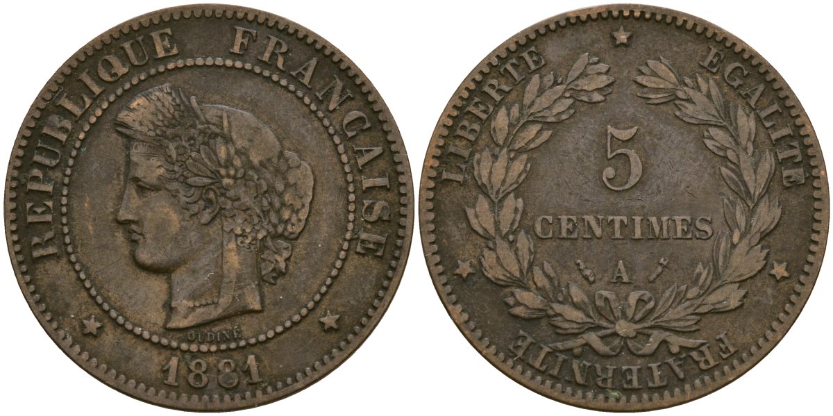 Франция 5 сантимов 1881 A, Третья республика (1871-1940) KM 821.1, Le Franc 118.6 бронза 51-722