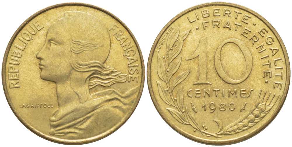 ФРАНЦИЯ 10 САНТИМОВ 1980 ТИП MARIANNE КМ 929, LE FRANC 144.20 алюминиевая бронза 116-127