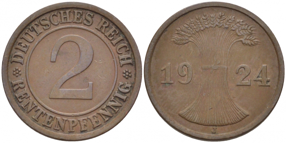 ГЕРМАНИЯ 2 РЕНТЕНПФЕННИГА 1924 J KM 31, J.307 бронза 110-234