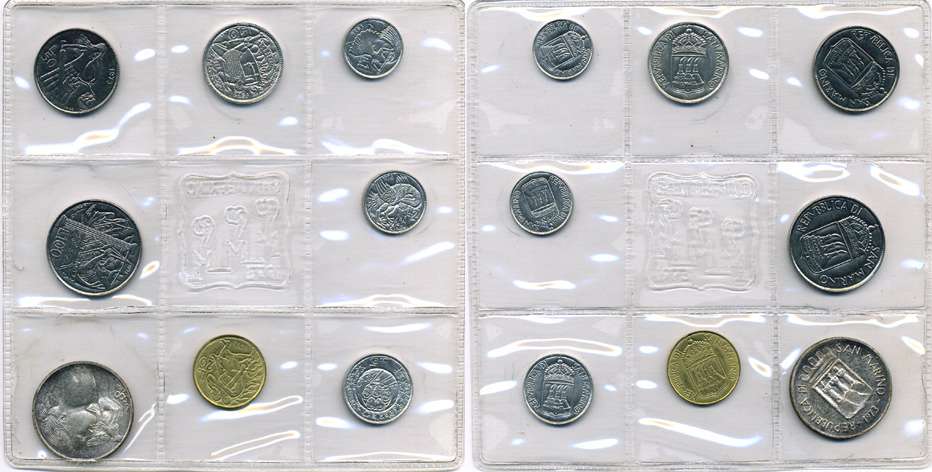 Сан-Марино годовой набор из 8 монет 1973 1, 2, 5, 10, 20, 50, 100 и 500 лир ребёнок держит голубя KM 22-29, в оригинальной пластиковой запайке серебро KM MS2 серебро UNC 5-4-3-40