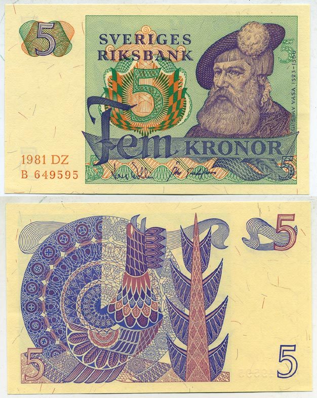 Швеция 5 крон 1981 DZ, Густав I Ваза Pick 51d бумага aUNC 444-1-1-1