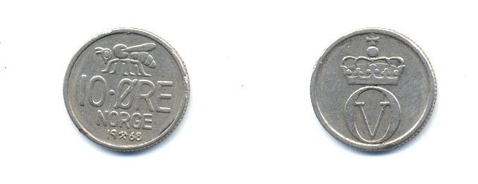 Норвегия 10 эре 1968 пчела, Улаф V (1958-1991) KM 411 медно-никель 4379-953