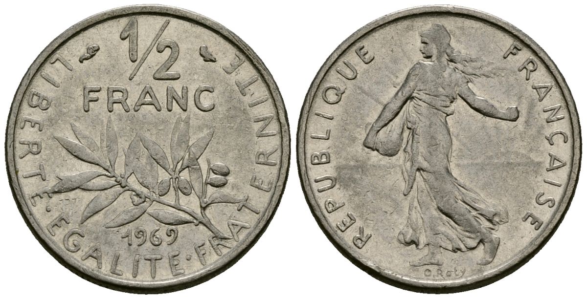 Франция 1/2 франка 1969 сеятель KM 931 никель 4135-653