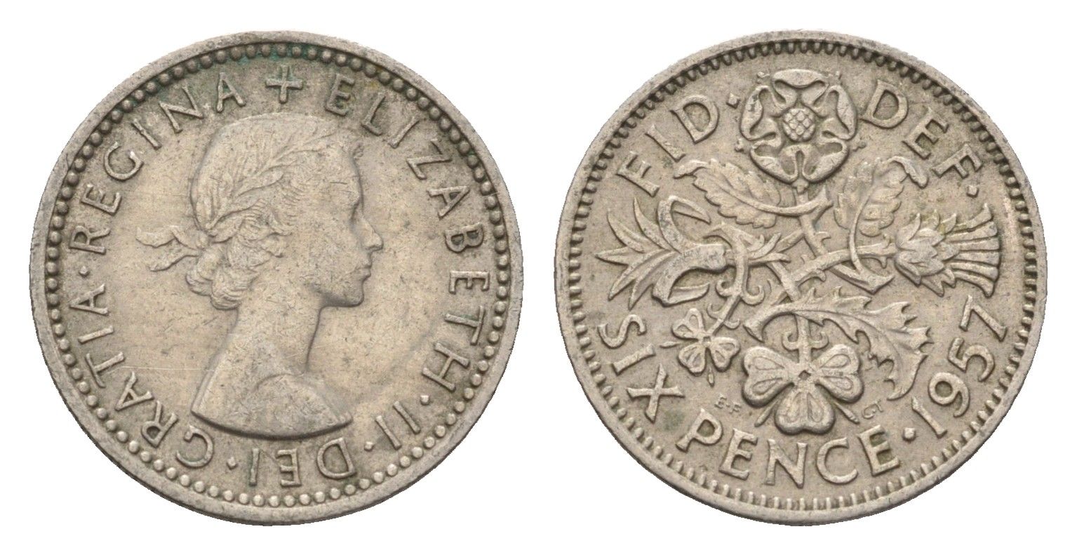 Великобритания 6 пенсов 1957 Елизавета II (1952-2022) KM 903, Spink 4149 медно-никель 4674-851