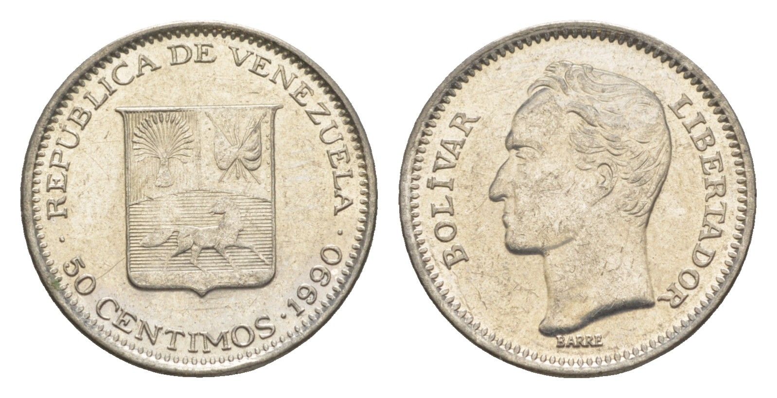 Венесуэла 50 сентимо 1990 Симон Боливар Y 41a сталь плакированная никелем 4584-547