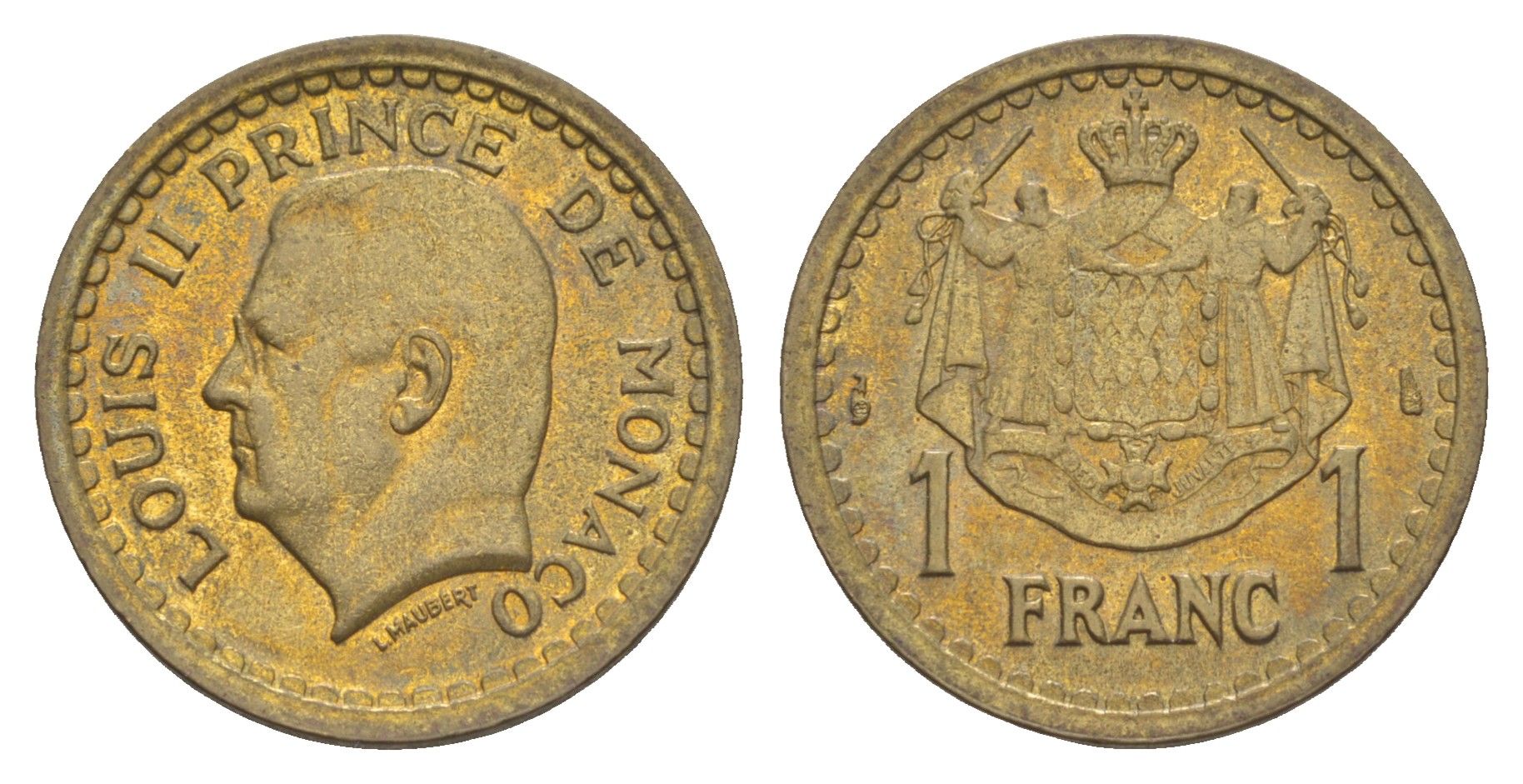 Монако 1 франк 1945 Луи II (1922-1949) KM 120a алюминиевая бронза 4646-937