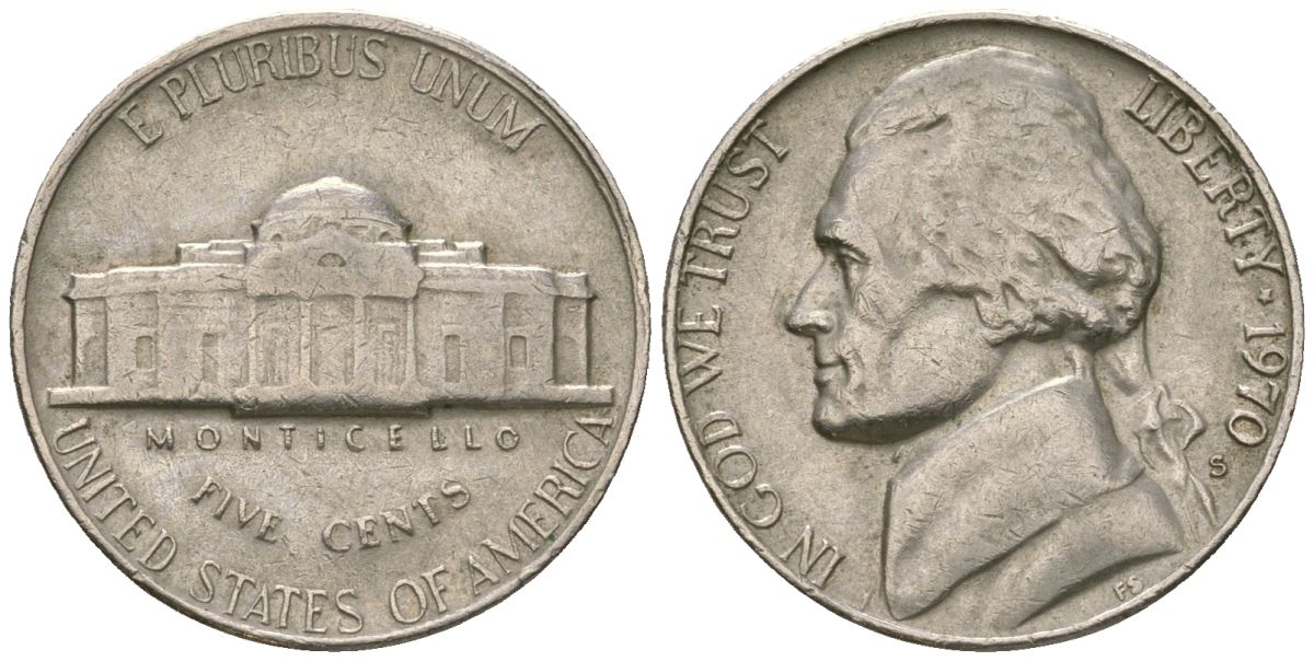 США 5 центов 1970 S (Сан-Франциско), Джефферсон KM A192 медно-никель 4592-753