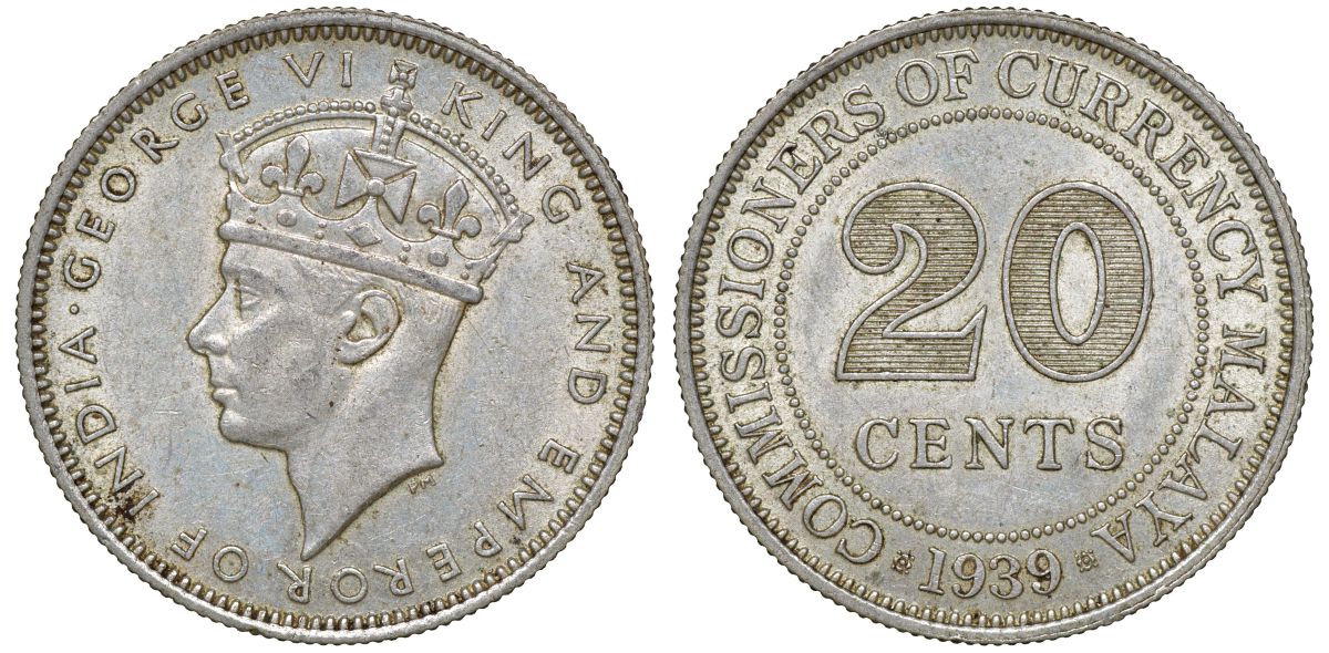 Британская Малайя 20 центов 1939 Георг VI (1937-1952) KM 5 серебро 53-354