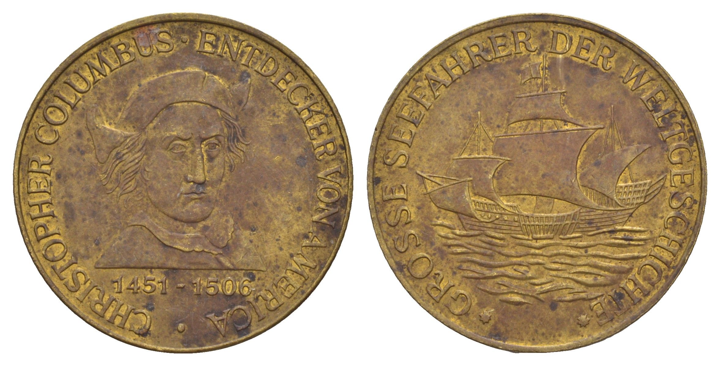 Германия великие мореплаватели в мировой истории - Христофор Колумб ND диаметр 30 мм, вес 7 гр латунь 4653-945