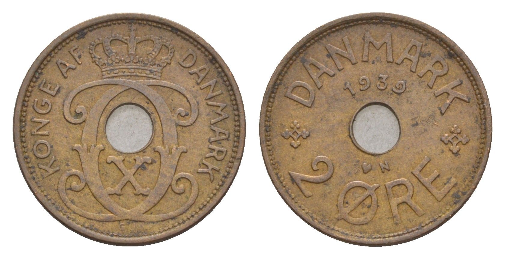 Дания 2 эре 1939 N, Кристиан X (1912-1947) KM 827 бронза 4658-258