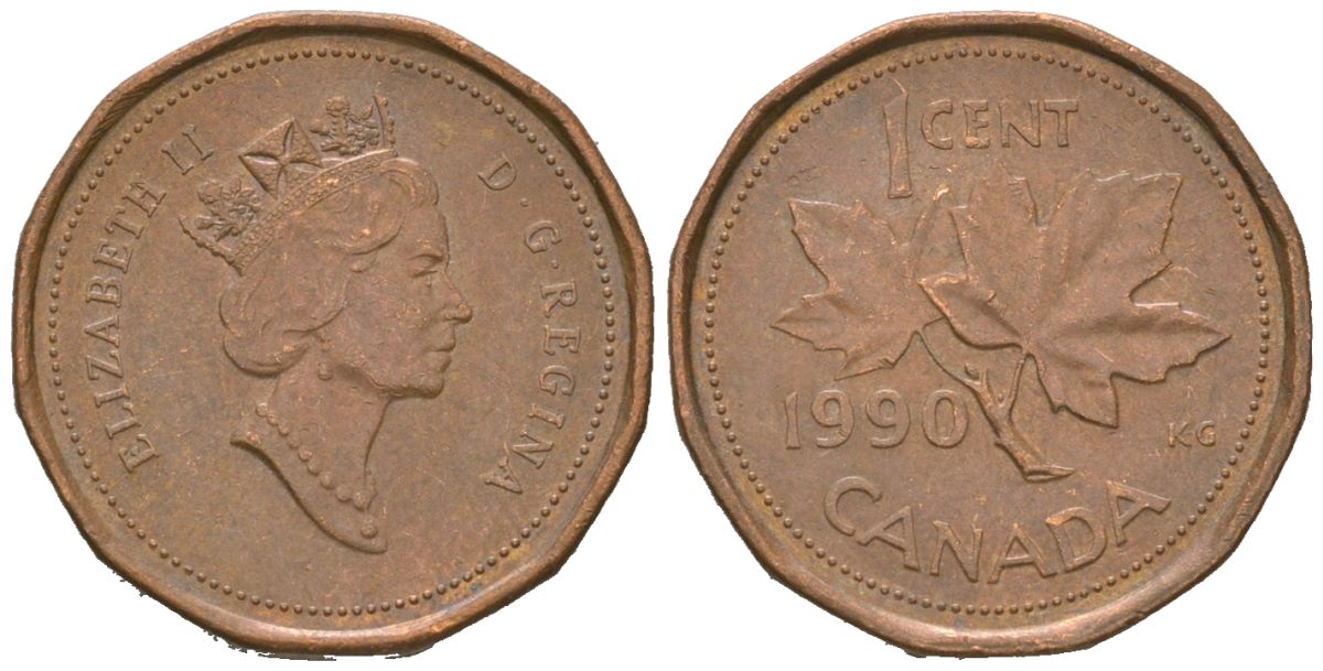 Канада 1 цент 1990 Елизавета II (1952-2022), кленовый лист KM 181 бронза 4383-149