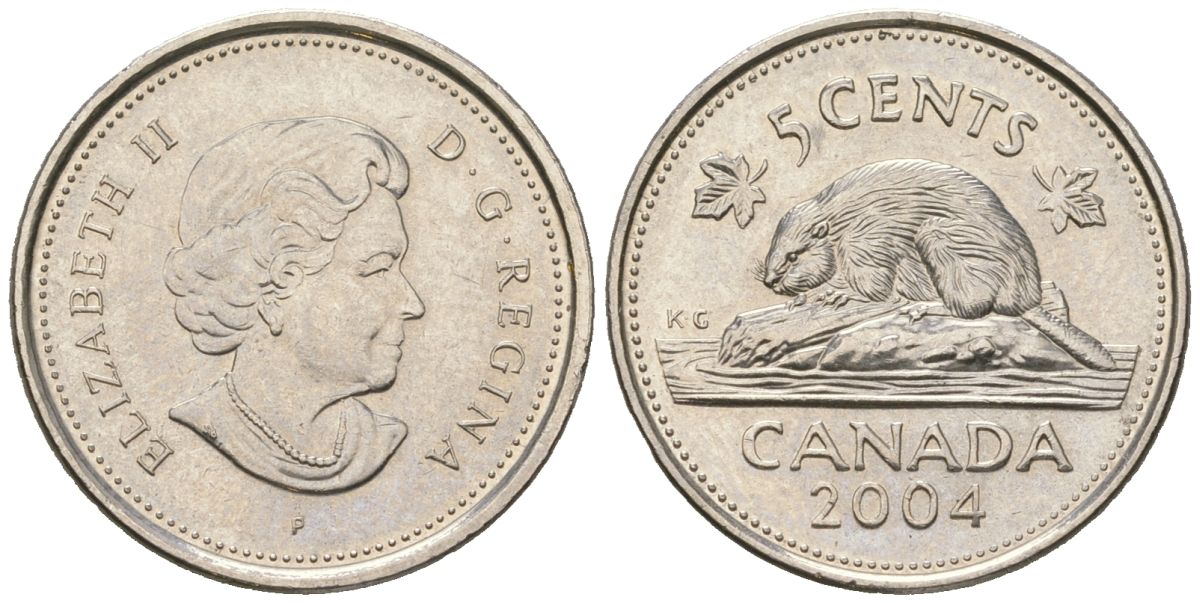 Канада 5 центов 2004 P, Елизавета II (1952-2022), бобер KM 491 сталь плакированный никелем UNC 4381-543