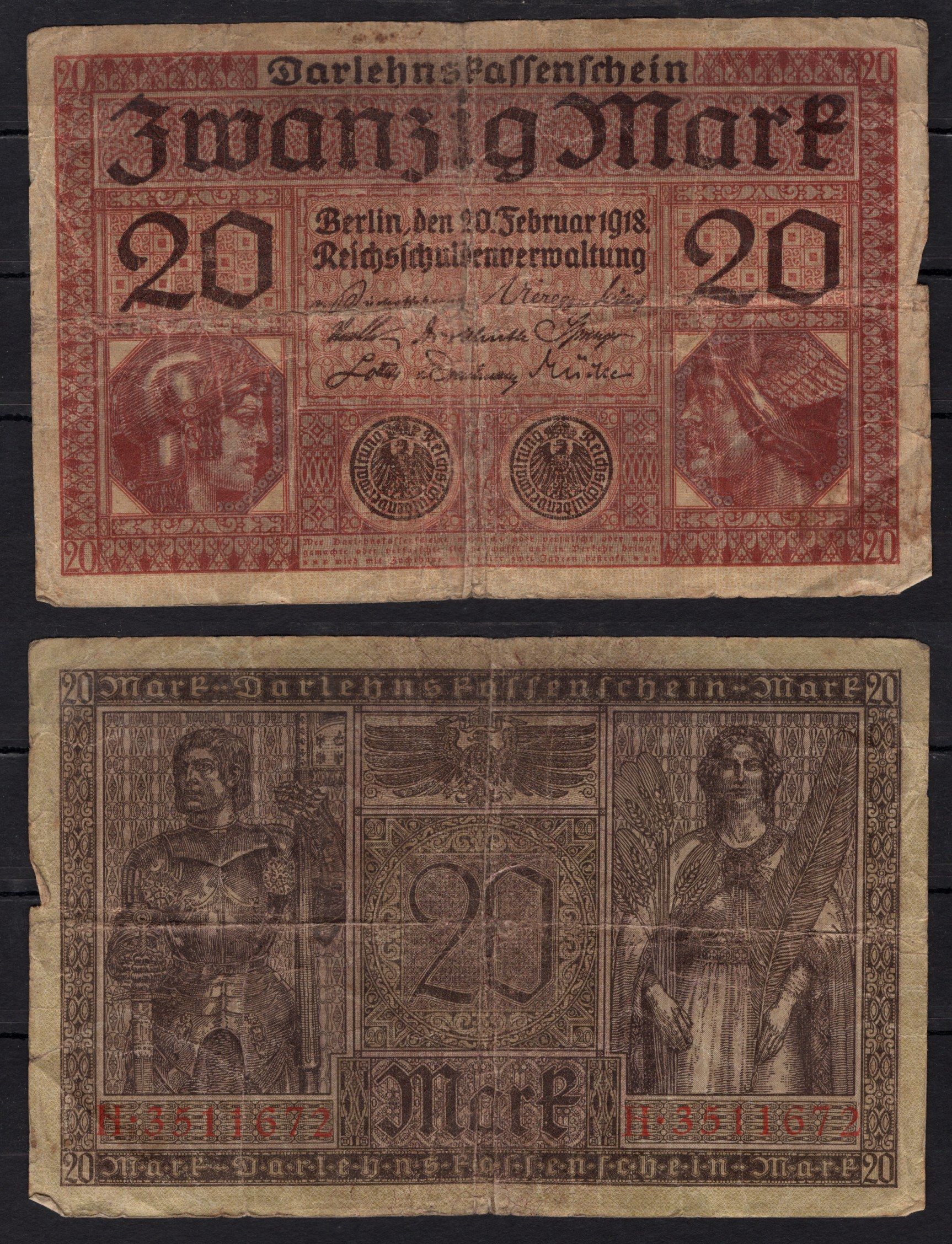 Германия 20 марок 1918 Минерва и Меркурий; на обратной стороне рыцарь, аллегорическая женщина Pick 57 бумага 8602-9-1-1