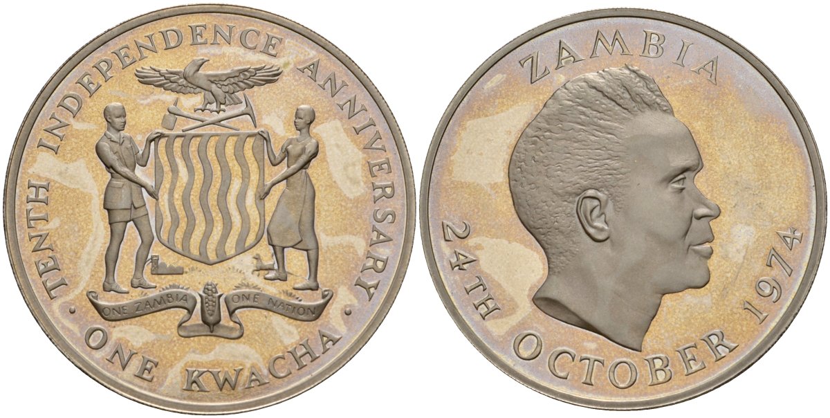Замбия 1 квача 1974 10 лет независимости KM 17 медно-никель PROOF 00-00