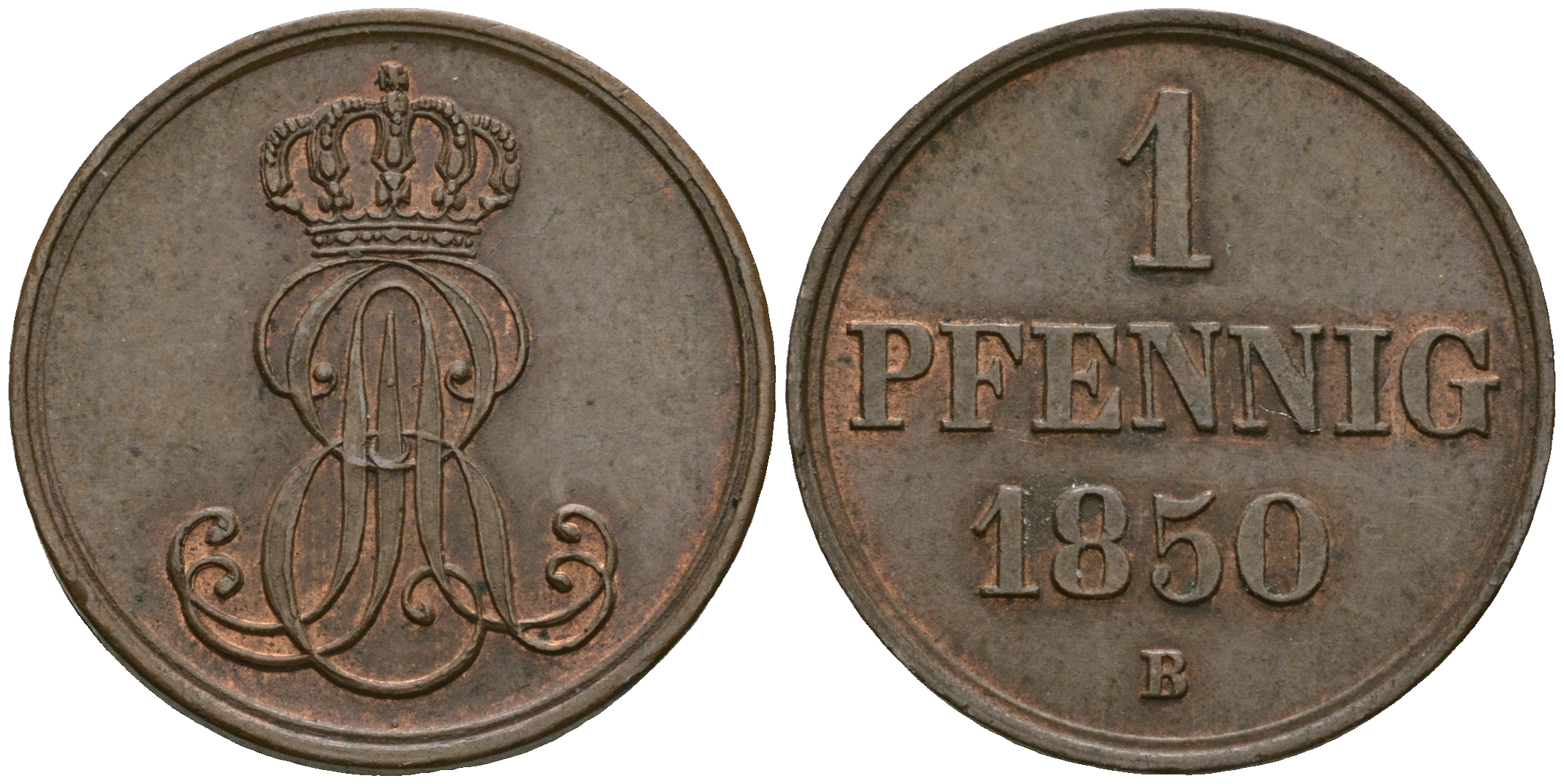 Ганновер 1 пфенниг 1850 B, Эрнст Август (1837-1851) KM 201.1, AKS 129, J. 74 медь 4608-1066