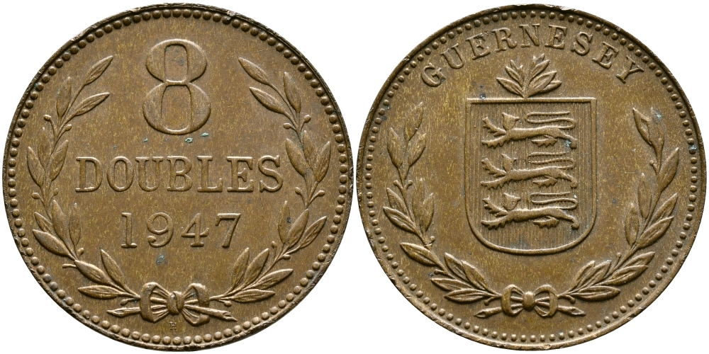 Гернси 8 даблов (дублей) 1947 Н KM 14 бронза 4383-733