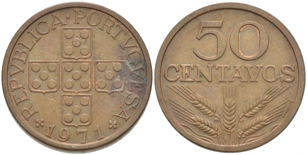 Португалия 50 сентаво 1971 KM 596 бронза 3718-441