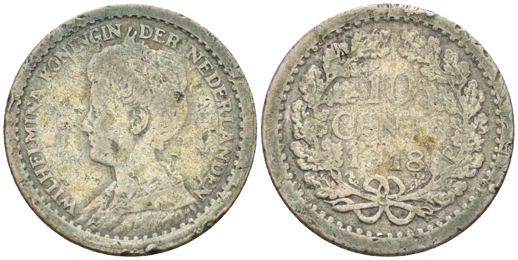 Нидерланды 10 центов 1918 Вильгельмина I (1890-1948) KM 145 серебро    4115-215