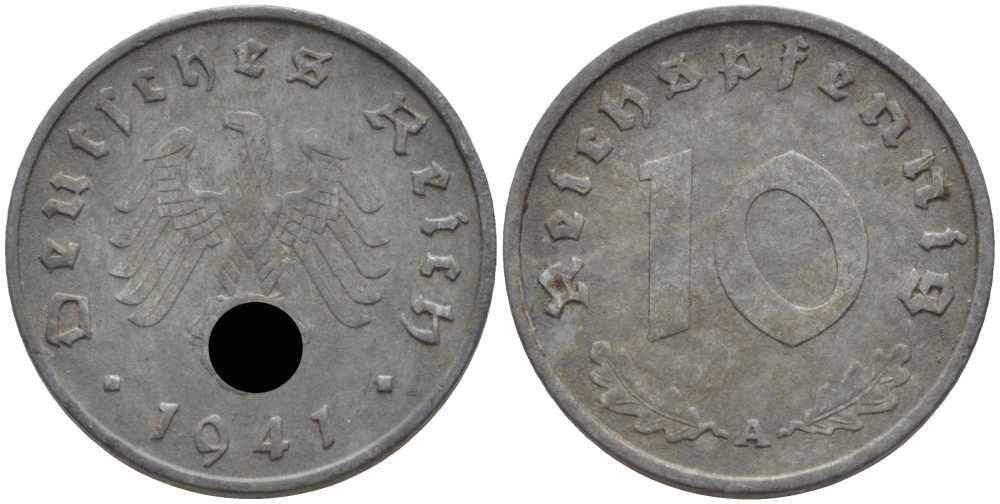 ГЕРМАНИЯ 10 РЕЙХСПФЕННИГОВ 1941 А KM 101, J. 371 цинк 4401-717