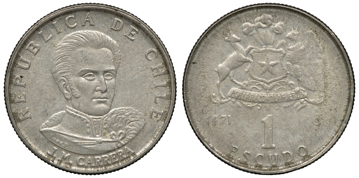 Чили 1 эскудо 1971 Хосе Мигель Каррера KM 197 медно-никель 4118-252