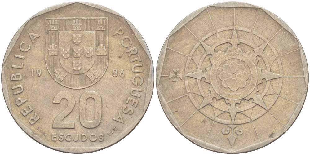 ПОРТУГАЛИЯ 20 ЭСКУДО 1986 KM 634 медно-никель 4521-1241