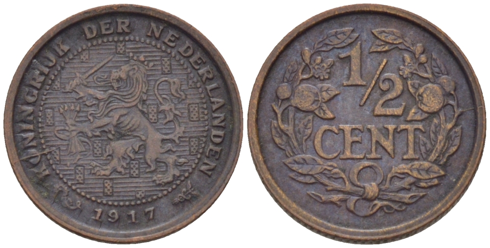 НИДЕРЛАНДЫ 1/2 ЦЕНТА 1917 ВИЛЬГЕЛЬМИНА (1890-1948) KM 138 бронза 39-218